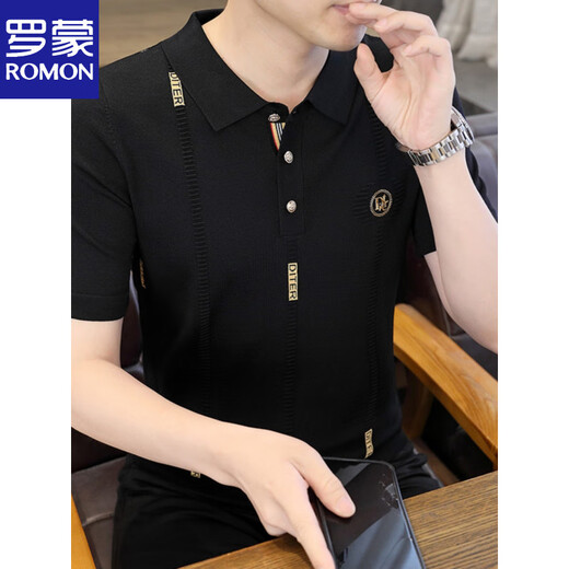 罗蒙（ROMON）翻领针织短袖t恤男士薄款修身夏季冰丝上衣潮流上衣polo体恤衫男 2575-黑色 M 90-105斤
