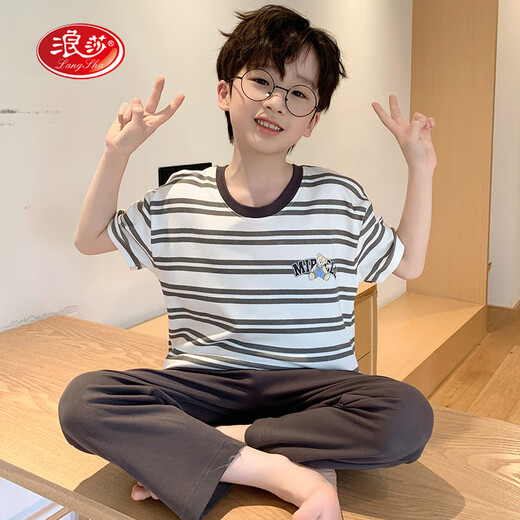浪莎儿童睡衣男中大童春夏季短袖长裤薄款纯棉家居服男孩夏天学生套装 ZK22437 150 建议140-150CM/70-85斤