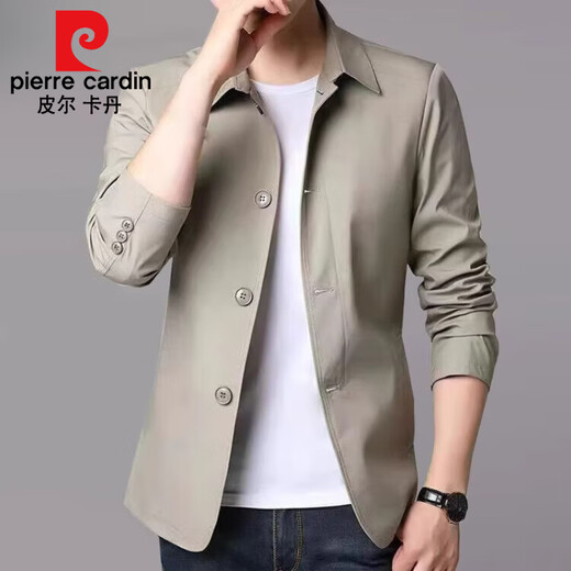 皮尔卡丹（pierre cardin）春秋季男士休闲夹克西装中青年色翻领薄款韩版修身风衣外套针织 浅灰色1048 M 【建议98-118斤】