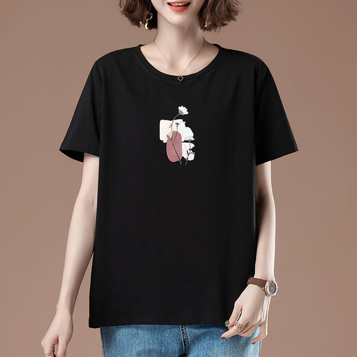 Lanye Mengxiang women's short-sleeved high-end women's fashionable middle-aged fat mmt shirt women's summer plus size women's loose cotton middle-aged coffee 9892 models cotton 95% spandex 5% L 100-115Jin [Jin equals 0.5 kg]