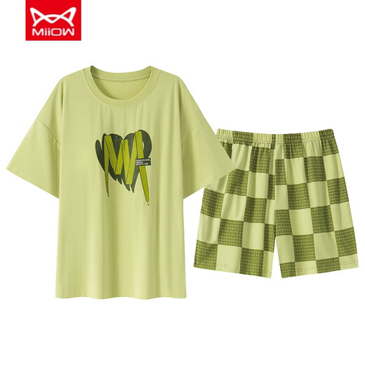 Catman (Miiow) Pyjamas für Frauen mit Brustpolster integriert Nachthemd Ice Seide Kurzärärmische Frauen xia modaler Anzug tragen dünne Hauskleidung Spring 12611 Kurzärmelte Shorts Anzug (mit Brustpad) XL [115-135jin [Jin gleich 0,5 kg]]