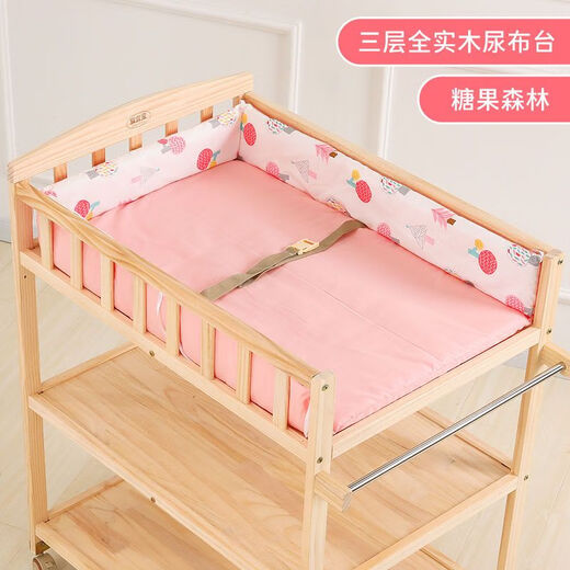 Jiaojing Baby Windel Tisch Multifunktionaler Betriebstisch Windel Tisch Massivholz lackfrei Baby Pflege Tisch BB Neugeborene Babybett Multifunktionale Windel Tisch (dreischichtige Vollmassivholz + Domi-Bär-Baumwollpolster