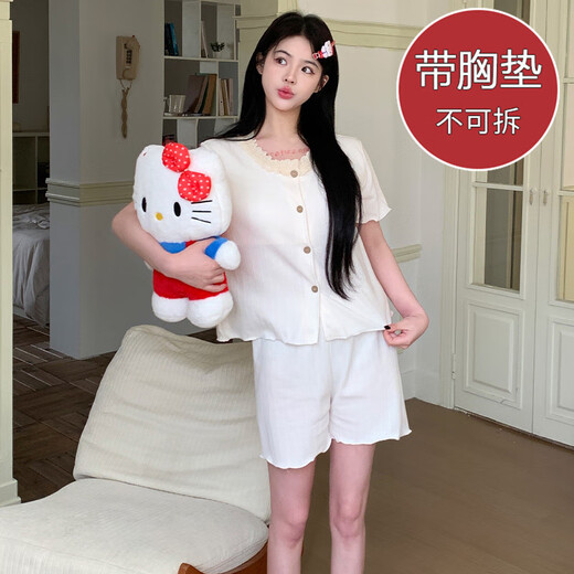 
S.SOFEA summer short-sleeved jacquard pajamas female princess style thin two-piece set Double short set DW683 blue flower (with chest pad) 180 XL (120-140Jin [Jin equals 0.5 kg])
