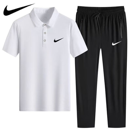 NBA KIDS-NIKE冰丝POLO衫速干休闲运动装短袖T套装薄款翻领男士长裤两件装 耐克-白色(直筒套装)1396 耐克-2XL 120-140斤