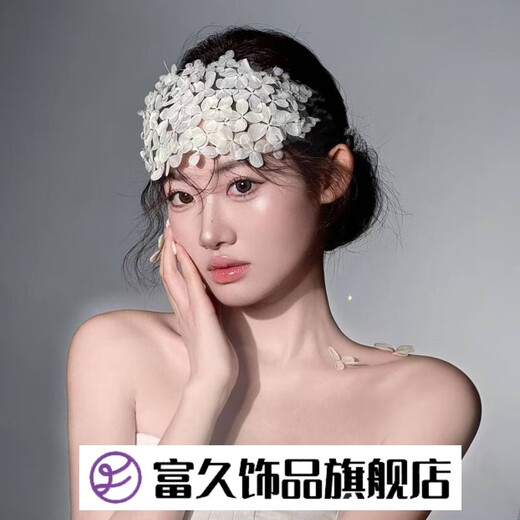 富久法式复古手工白色花瓣半花环额饰发箍发带新娘婚纱礼服跟妆头饰品 模特同款头饰