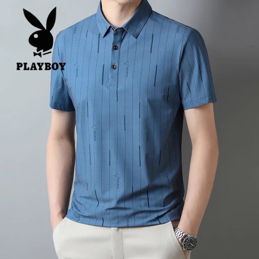花花公子（PLAYBOY）高档桑蚕丝短袖t恤男蚕丝半袖男潮牌翻领POLO衫中青年宽松竖条纹t 蓝色 DN6625/N 3XL 185