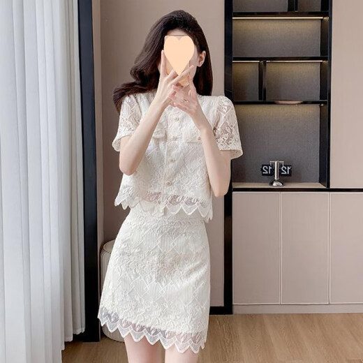 冠贸裴小香风蕾丝半身裙两件套女纯色气质套装裙2025 米白色套装841 M