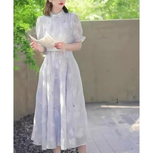Apocalypse Nouvelle robe à collier debout Luxury haut de gamme Luxury Amélioration de la robe à mi-long 1503 (pas de retour et d'échange) Bleu clair (Luxury haut de gamme Amélioré Cheongsam) 1503 S BUST 82-84 TAILLE 64-66 Longueur de la jupe 112