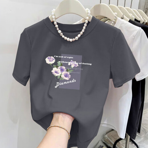 Pingedis neues Schulter-Baumwoll-T-Shirt für die kurzärmelige Frauen literarische Konstruktion Pink T-Shirt Summer 2025 Neues Top 6172 Graupulver M (Empfohlen 80-105 Jin [Jin Equals Equals 5 kg]))