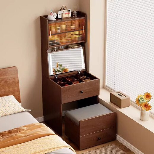 Stamen Solid Wood Dressing Table Bedroom Bedside Flip Integrated Dressing Table Storage Cabinet with USB Socket and Mirror High Cabinet High Cabinet Style - Walnut Color 70cm Dressing Table + Makeup Stool Upgraded Flip Makeup Mirror + USB Socket