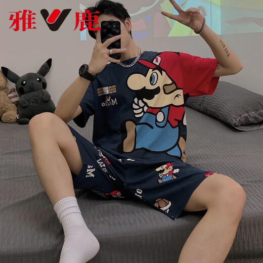雅鹿男士睡衣夏季纯棉短袖学生睡衣男夏天全棉薄款大码宽松套装家居服 XY1390 L 标准 高168-173 重100-125斤