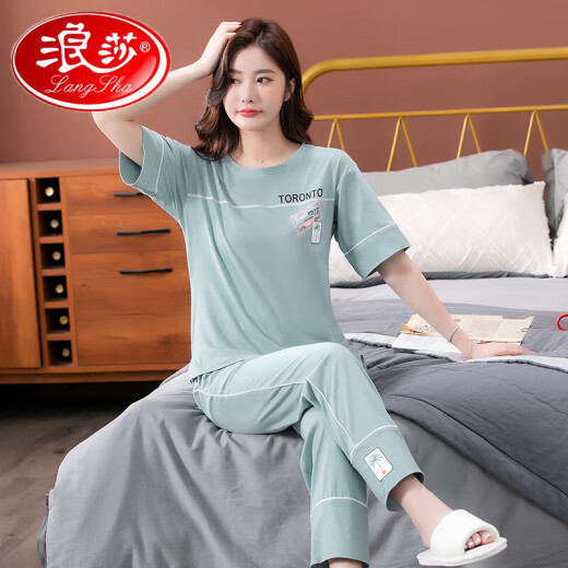 LangSha pajamas for women in summer pure cotton 2025 new short-sleeved trousers home clothing set for thin cotton suit 7374 bean paste powder 2XL X140-160Jin [Jin equals 0.5 kg]