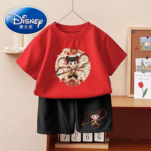 迪士尼（Disney）哪吒之魔童闹海男童女童棉短袖2025夏季新款儿童短裤套装两件套 1092#后包T酒红+小1098#黑短裤 90 均码