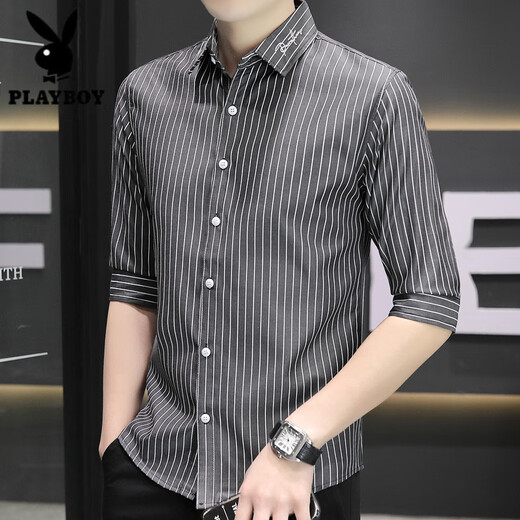 Playboy (PLAYBOY) 7-quarter sleeve shirt for men summer casual and versatile mid-sleeved vertical striped shirt trendy handsome short-sleeved slim-fitting inch shirt 682 gray XL 120-133Jin [Jin equals 0.5 kg]