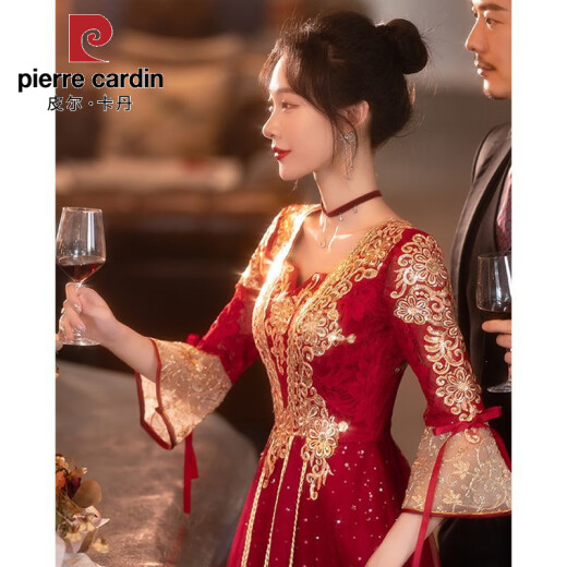 皮尔卡丹敬酒服新娘2025新款夏季酒红色感中式长袖结婚订婚礼服女 酒红色长款 【684】 XL