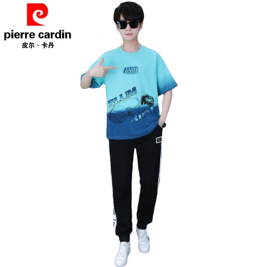 皮尔卡丹（pierre cardin）夏季青少年短袖t恤男孩衣服高中初中学生大童夏装帅气运动套装潮 白灰色 套装TZ9226款 XL 【100-120斤】