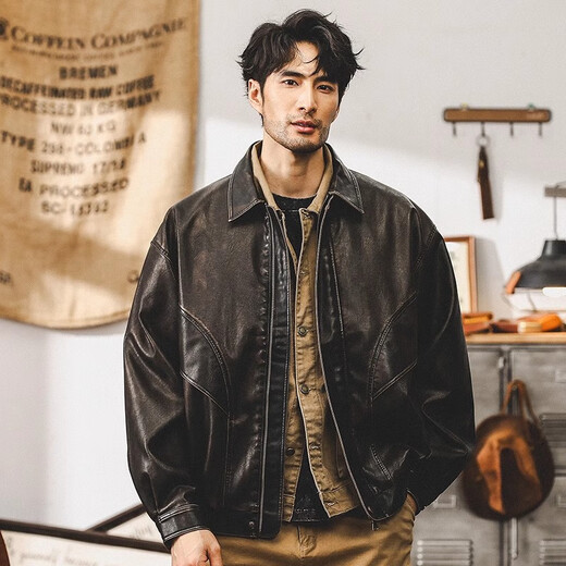 Jay Leno American retro wasteland style soft leather jacket men's spring trendy brand loose handsome tough guy motorcycle work jacket men coffee color M suitable for 100-125 Jin Jin equals 0.5 kg