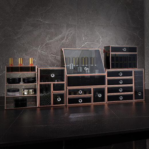 KAMAN Glass Cosmetics Storage Box Light Luxury Dustproof Desktop Dressing Table Skin Care Product Storage Rack 520 Gift for Wife Gilt Set of Two Dustproof Top + Three Drawers