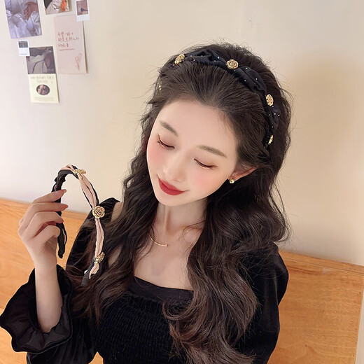 Temperament camellia retro headband for women with high skull and face, small pressed hair headband, high-end hairpin, headband, hair bundle, champagne color