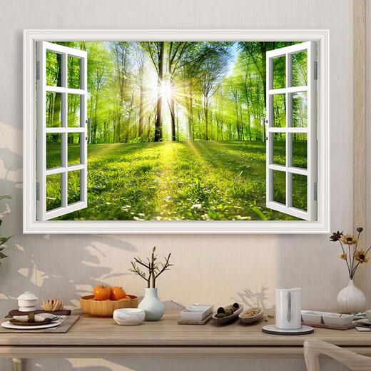 Qilicai landscape painting wall stickers three-dimensional mural stickers self-adhesive living room background wall decoration painting fake window simulation stickers landscape landscape T-1342 comes with adhesive super large splicing width 300cm * height 200c