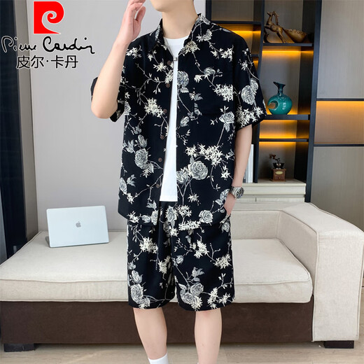 皮尔卡丹（pierre cardin）夏季冰丝短袖衬衫套装男休闲痞帅碎花半袖衬衣搭配沙滩短裤两件套 679米白套装 XL 125-140斤