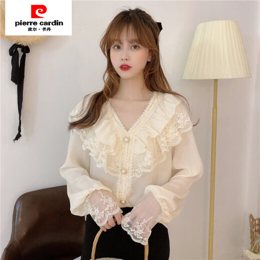 Pierre Cardin 2025 Spring and Autumn New Korean Style Fashionable V-neck Lace Ruffled Chiffon Shirt Elegant Super Fairy Top for Women Apricot V-neck Long Sleeves Soft Breathable Fabric Lined 2XL 125-150Jin Jin is equal to 0.5kg