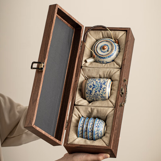 Ahli's Love Ru Kiln Kung Fu Tea Set Complete Set Souvenirs Business Gifts Father's Birthday Gifts for Men for Dad and Teacher Blue and White Lucky Twigs and Lift Pots High-end Gift Boxes Practical Housewarming Gifts for Elders and Retirement Souvenirs