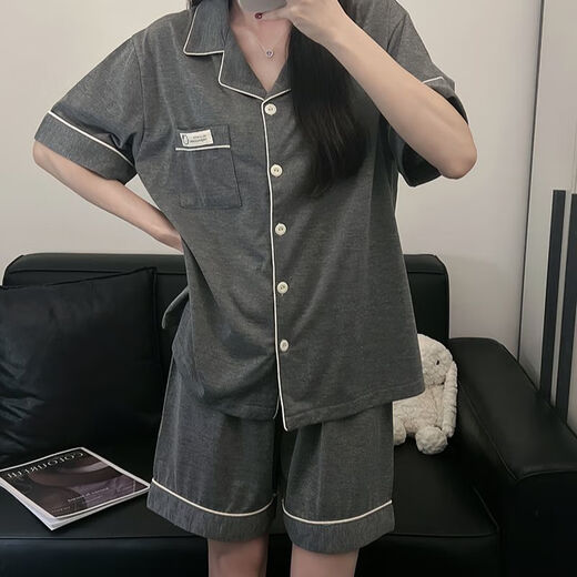 
Catman (MiiOW) Korean version simple solid color pure cotton pajamas women's short-sleeved shorts summer high-end two-piece dormitory home clothing set 9905# dark gray M 80-100Jin [Jin equals 0.5 kg]