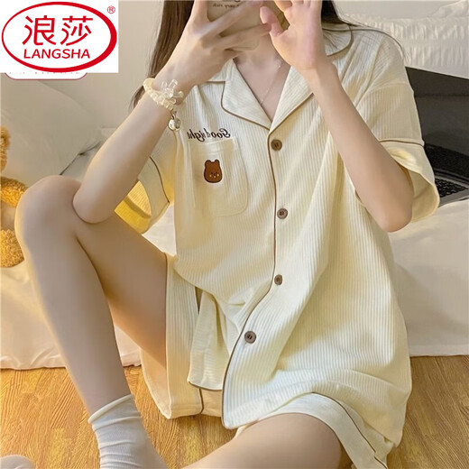 浪莎（LangSha）外穿夏季睡衣女新款ins风日系短袖短裤公主风卡通小熊家居服套装 6628-小熊【短袖+短裤】 L 建议体重105-120斤