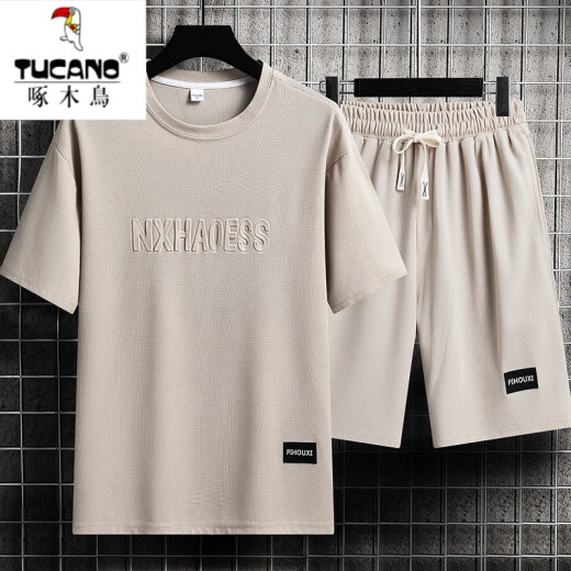 啄木鸟（TUCANO）男士夏季套装青少年短袖t恤薄款冰丝两件套休闲运动服五分短裤子 套装-TZ829卡其上衣+裤子 XL 建议130-145斤