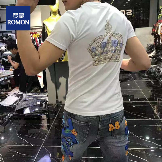 罗蒙（ROMON）t恤男士短袖男2025夏季欧货新款字母T恤上衣简约修身潮圆领半袖男 733烫钻菊帽子黄色 M