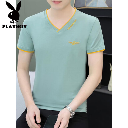 Playboy (Playboy) T-shirt à manches courtes de Coton en V pure V2025 Été Nouveau T-shirt de glace pour hommes à demi-manche décontractée et polyvalente.