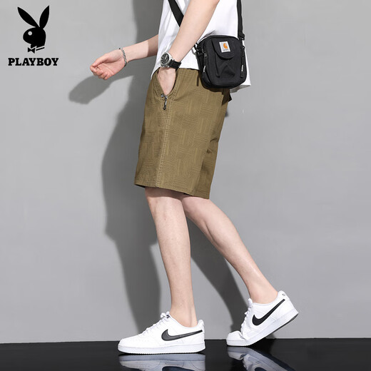 花花公子（PLAYBOY）竖条暗格子纯棉短裤男士薄款宽松百搭中裤直筒休闲五分裤外穿裤衩 黄色9871 2XL