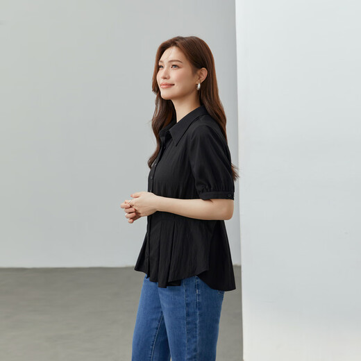 Faserhow [Leichte Garnierwolken] Ouruofeng gepresstes Design-Revershemd großer Frauenfett mm Sommer neuer Stil 1289 Black XL