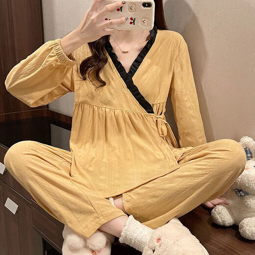 婉曼朵开衫睡衣女士棉秋秋款s风性感蕾丝长袖V领网红 短秀2 3882#粉色提花 M  建议80-105斤以内