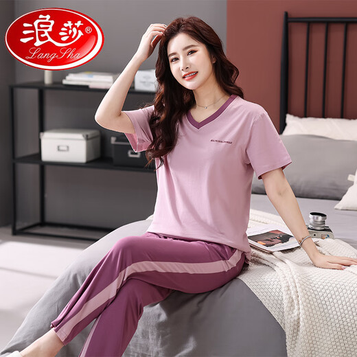 Langsha pijama para mujeres pantalones de manga corta de algodón puro en el verano 2025 juego de ropa casera nueva casual, cómodo y simple, se puede usar fuera de 7374 pasta de frijoles en polvo M 80-100Jin [Jin iguala 0.5 kg]