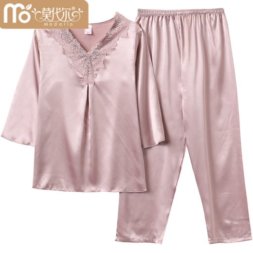 Modal spring and summer middle-aged mother pajamas for women with autumn ice silk, can wear mother-in-law silk thin two-piece set for middle-aged and elderly people ARM684 silver M Recommendation [75-90Jin [Jin equals 0.5 kg]]