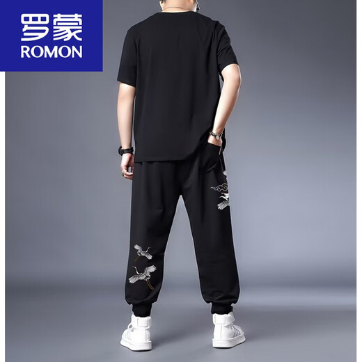 罗蒙（ROMON）夏季中国风男冰丝速干套装男胖子加肥大码男休闲运动短袖肥佬T恤 黑色9922套装 5XL 200-225斤