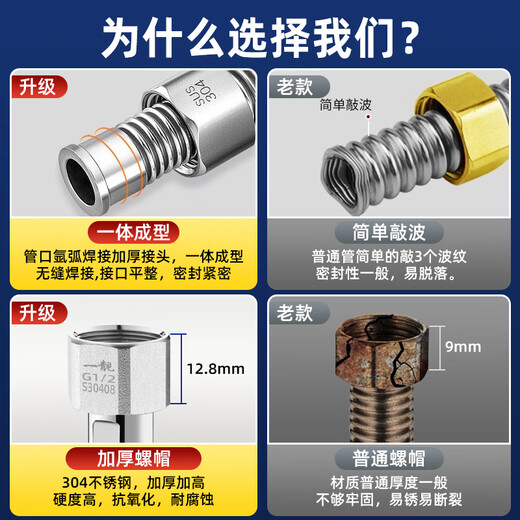 A beautiful 304 stainless steel bellows gas water heater hot and cold universal water pipe 4 points explosion-proof and high temperature resistant metal water inlet connection hose 1 meter