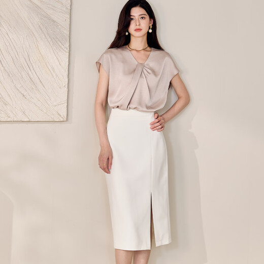 ROEYSHOUSE LOOKI's fashionable pleated satin shirt for women 2025 summer new French sleeved shirt slim body 12051 apricot M