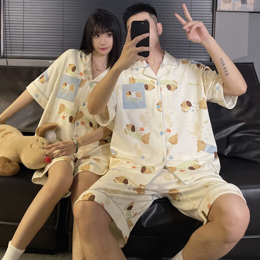 雅鹿情侣睡衣男女款夏季短袖加大码加肥卡通小狗薄款家居服可外穿套装 MJ-S761#米其双短(男图) M 75-95斤