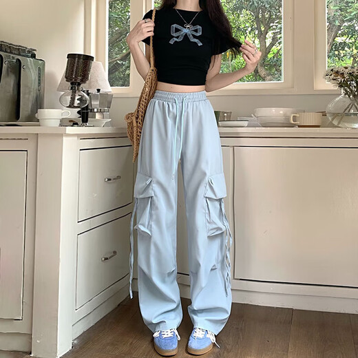 粉色工装裤女春夏2025新款高腰垂感阔腿窄版休闲美式速干运动裤子 蓝色 【MY-687】 S