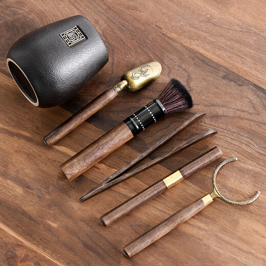 Puqi Black Pottery Sifang Laifu Tea Ceremony Six Gentlemen Round Ashtray Wukong Tea Pet Three-piece Set Tea Clamp Tea Spoon Pot Keeping Pen