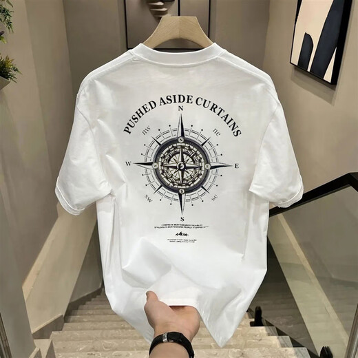Njskakw Hong Kong Top de algodón puro de manga corta para hombres y mujeres Summer suelto American Camiseta nueva marca de moda Pareja de media manga V761 Negro (Compass) XL recomendado 140-160Jin [Jin equivale a 0.5 kg]