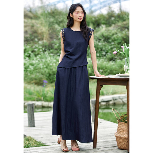 Van Ximan Temperament Simple Design Traje Falda para mujeres 2025 Summer nuevo sin mangas Falda Top Set de dos piezas M9882 Universo Osck Blue S