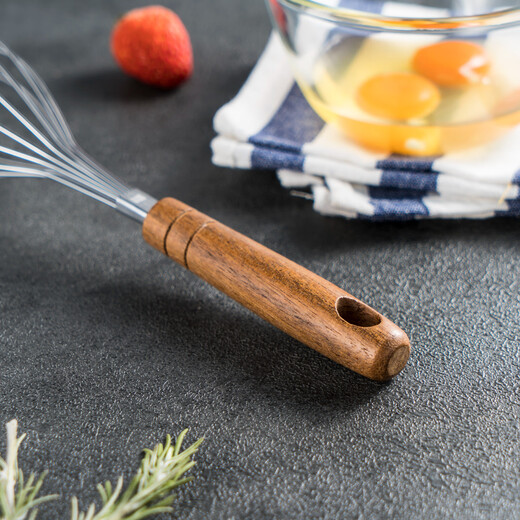 Bianfu Acacia Wooden Handle Egg Beater Stainless Steel Manual Egg Beater Bubbler Stirring Stick Whisper Blender Egg Beater Acacia Wooden Handle Egg Beater