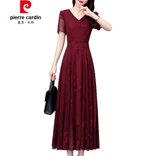 皮尔卡丹（pierre cardin）雪纺连衣裙女士装夏季2025新款高端品牌妈气质修身长款夏天长裙 酒红色 7371 M (104斤以下)