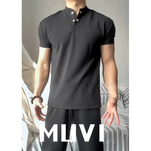 Muwei American high street heavyweight men's t-shirt summer new retro right shoulder polo short-sleeved shirt Henry collar fitness top black 90% of buyers choose 2XL recommended 140-160Jin Jin equals 0.5 kg