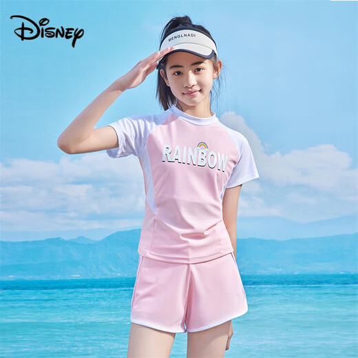 迪士尼（Disney）女童泳衣分体式中大童夏少女带胸垫游泳衣女孩运动青少年泳装 9858牛奶丝黑灰色 均码 10-15岁【50-75斤】