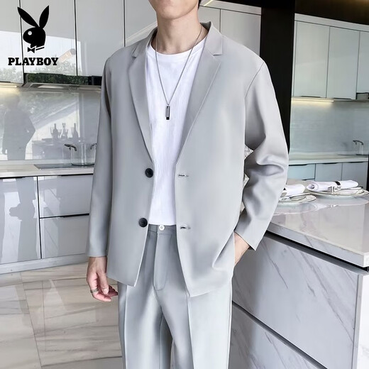 花花公子（PLAYBOY）西服套装男春季商务正装垂感百搭韩版潮流休闲小西装外套单西上衣 黑色 单件外套 L 120-135斤